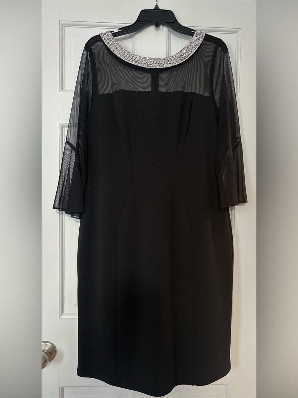 Alex Evenings Elegant Black Mesh-Sleeve Evening Dress w/ Embellished Collar 14P